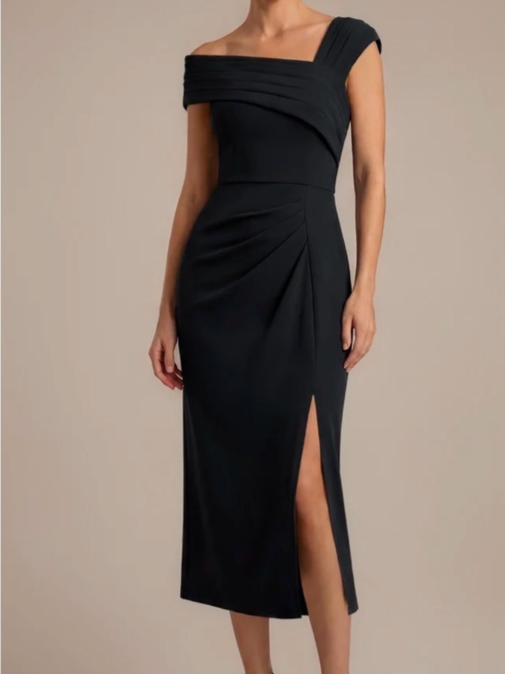 Ever Pretty Black One-Shoulder Midi Dress with Side Slit